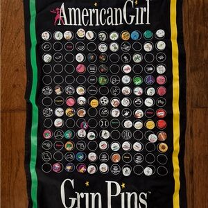 Vintage American Girl Grin Pins Display Banner with ~77 pins